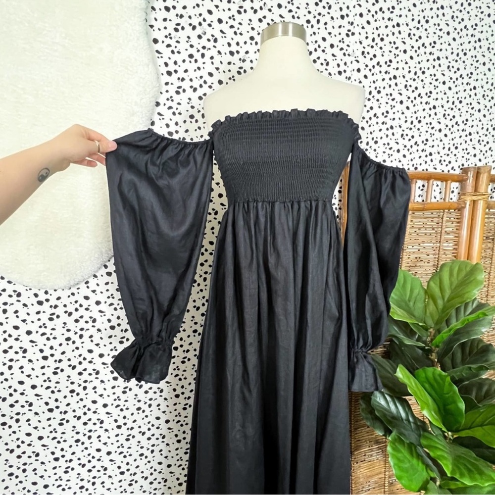 Petal & Pup Gabriella Black Linen Smocked Off
Shoulder Midi Dress